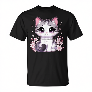 Camiseta Cat Kitten With Cherry Blossoms, color negro, unisex, talla para adultos - Product Image 2
