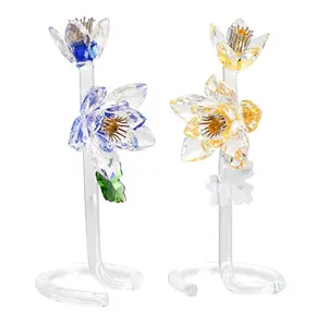 Flor de loto de cristal CHCG306 k9, figuritas de cristal artificiales hechas a mano con hojas transparentes para decoración del hogar