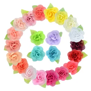 6cm Mode Chiffon Stoff Blume mit grünem Blatt für Haarschmuck Kinder Kopfschmuck für Hochzeits kleid Dekoration