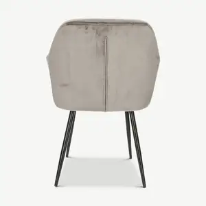 Оптовая продажа, стильный удобный подлокотник с высокой спинкой, серый обеденный стул с мягкой обивкой и металлическими ножками