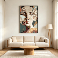 Art mural texturé peint à la main, portrait féminin abstrait fleuri, toile verticale, déco vintage chambre