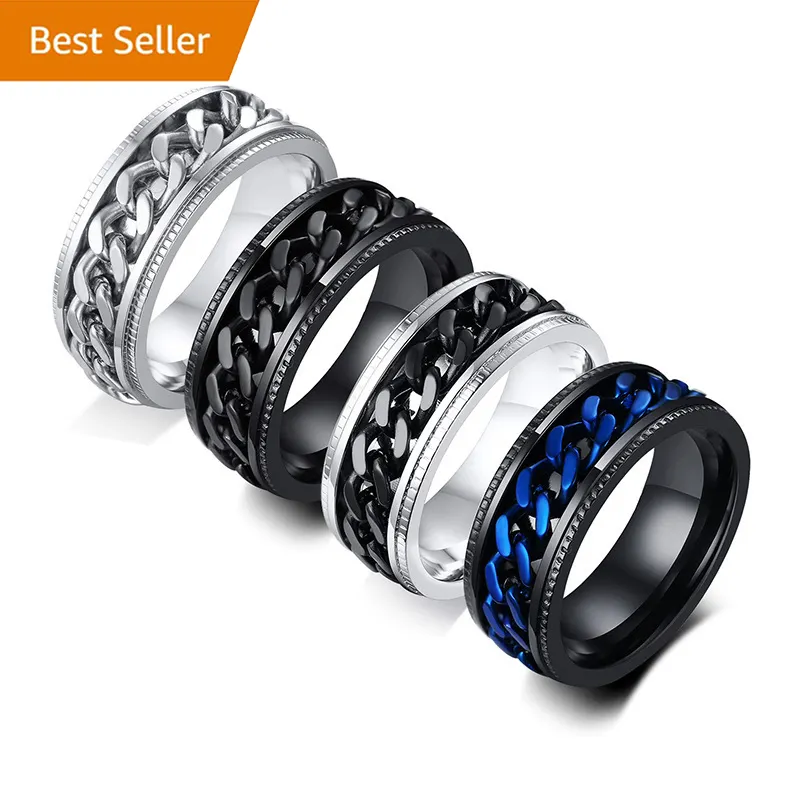 High Quality Super Thick 2mm punk titanium steel bottle opening rotating ring men women chain rotatable black ring