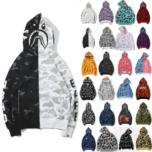 2022 Nice Quality Embroidered Logo Shark Men Casual Camo Sweatshirt Patchwork Custom Fashion Fleece Blank Full Zip Hoodie