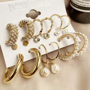 6件/套新款镶嵌珍珠耳环创意蝴蝶法国复古金色几何不同尺寸耳钉套装饰品礼品