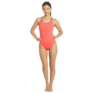 Maillot de bain une pièce athlétique pour femme, col rond, bordure contrastante, monokini amincissant corail - Product Image 2