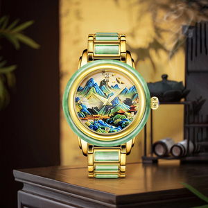 Montre automatique mécanique de luxe en acier inoxydable plaqué avec cadran peinture paysagère chinoise et jade, idéale pour couple, en promotion, pour cadeau - Product Image 5