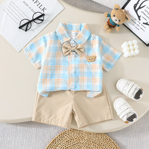 Ensemble chemise et <span class=keywords><strong>short</strong></span> pour garçons d'été, chemise à manches courtes à carreaux décontractée et <span class=keywords><strong>short</strong></span> <span class=keywords><strong>beige</strong></span>, ensemble élégant en deux pièces pour enfants - Product Image 6