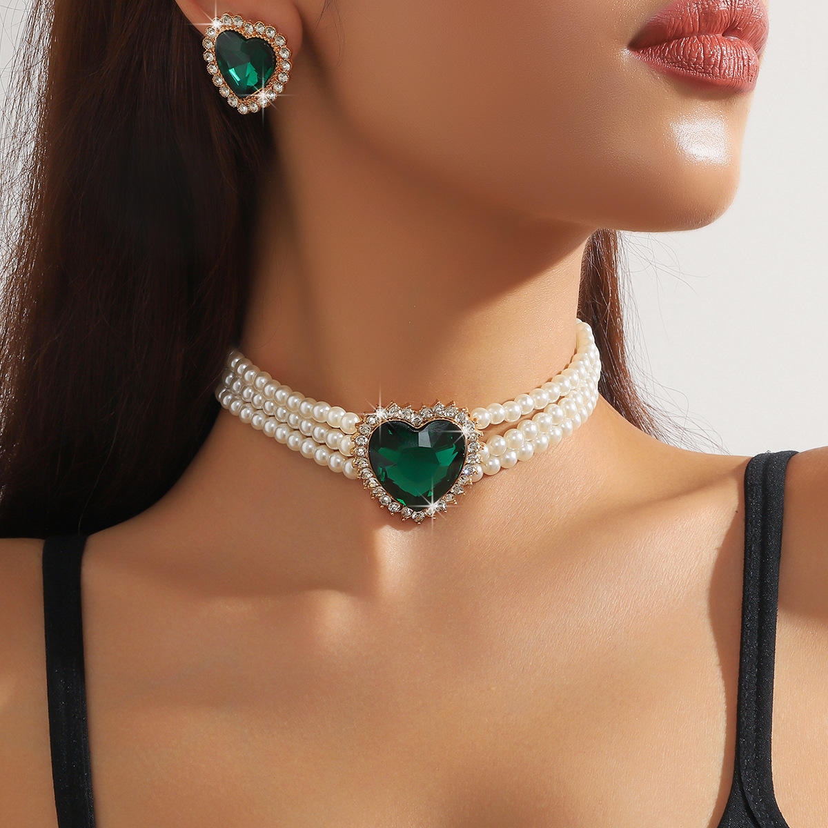 Jxjl21324-hole green heart crystal set
