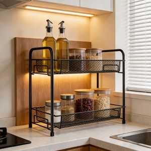 Spice Rack Double Layer Black Metal With Handle <b>Kitchen</b> Countertop <b>Storage</b> Organizer For Spices And Condiments - Product Image 1