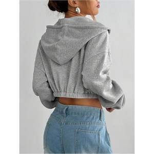 Sudadera con capucha corta personalizada para mujer, con cremallera, hombros caídos, forro polar, transpirable, estilo streetwear - Product Image 2