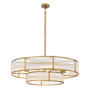 Indoor Two Tier Circular Hanging <b>Lamp</b> Brass Structure Ribbed Glass For Villa Hotel Project Lighting Decoration - Product Image 4