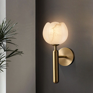 Lámpara de pared de mármol de estilo chino moderno, E27 LED, diseño de capullo de flor de cobre y mármol natural para sala de estar, dormitorio, pasillo - Product Image 1