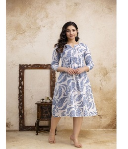 Women Cotton Cambric Round Neck V Slit Midi <b>Dress</b> Casual Summer <b>A</b>-<b>Line</b> Printed Midi <b>Dress</b> Breathable Comfortable Daily Wear - Product Image 1