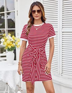 Maglietta a maniche corte a righe da donna camicia da notte Casual Mini cravatta aderente avvolgente girocollo estivo traspirante - Product Image 4