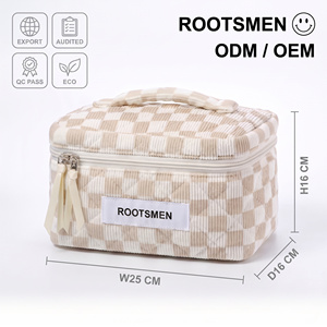 Cotton Quilted Checkerboard <b>Vanity</b> <b>Case</b> Large Ecru Taupe Makeup Bag Custom Logo OEM ODM BSCI - Product Image 1