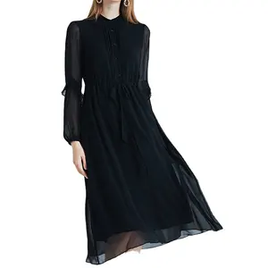 秋季2021新款黑色高档大牌真丝连衣裙女年轻桑蚕丝长裙