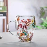 Tasse en verre à fleurs séchées à double couche de 350ml, tasse à thé au lait transparente résistante à la chaleur, tasse à café domestique