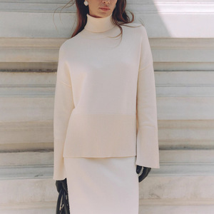 2026 겨울 신상 두꺼운 여성 니트 스커트 슈트 부드러운 2피스 세트 여성 터틀넥 스웨터 와이드 스커트 니트 의상 - Product Image 3