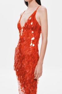 A11577 <strong>Red</strong> Women's Dress V-Neck Spaghetti Strap Modern Straight Elegant Summer Floor-Length Sheath <strong>Sequins</strong> for Daily Wear - Product Image 4