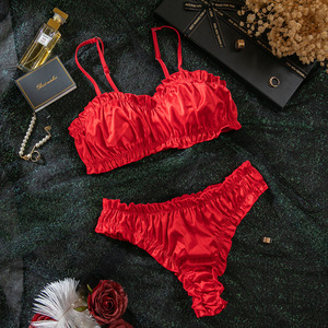 Women Red Satin Ruffle Lingerie <b>Set</b> 2 Piece Wireless Ruched Crop Bra and Thong <b>Set</b> Solid Color Intimates Breathable <b>Sexy</b> Bra <b>Set</b> - Product Image 4