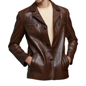New Super Stylish Brown <b>Mens</b> <b>Leather</b> <b>Jacket</b> Stand Collar Fully Customized 100% Original Cow Skin Zipper Closure Plain Dyed - Product Image 1