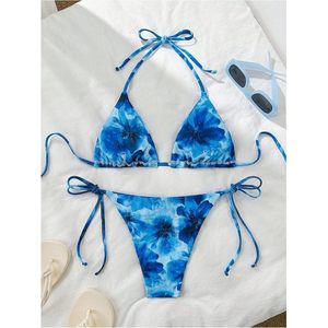 FOXA Conjunto de bikini de 2 piezas para mujer con estampado floral, traje de baño con corte alto y tanga - Product Image 2