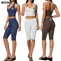 Nouvel ensemble de sport imprimé à pois pour femme, col en V profond, haute élasticité, en polyester et élasthanne, idéal pour l'automne, la gym et l'entraînement