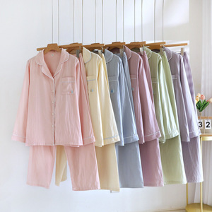SUHE PJ-043 Women's Pure Cotton Woven Gauze Floral V-neck Drawstring Pajamas Long Sleeve Thin Two Piece Set Home Loungewear - Product Image 1