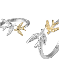 Bague ajustable en argent sterling 925 avec des oiseaux volants et des hirondelles en forme d'oiseau porte-bonheur doré