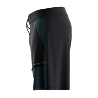 Shorts de surf pour homme, extensibles dans 4 directions, taille ajustable avec cordon de serrage, blocs de couleur noir et vert sarcelle, ourlet et poches zippées