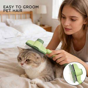 Peine antipulgas para depilación de mascotas seguro portátil de autolimpieza con un clic con dientes largos y cortos de acero inoxidable para perros y gatos - Product Image 5