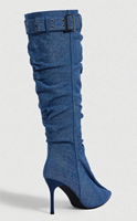 Bottes en jean pour femme personnalisables, montantes, à bout pointu, talon aiguille, avec bride à boucle et fermeture éclair latérale