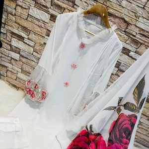 New Multi Color Pakistani Georgette <b>Kurtis</b> with Heavy Santoon Inner with Cotton Pent and Chiffon Digital Print Duppata - Product Image 1