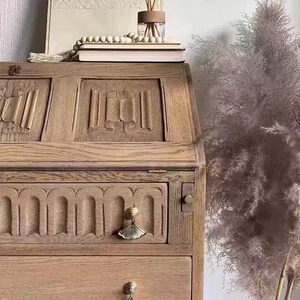 <b>Gothic</b> Carved Distressed Solid Oak Secretary Bureau Vintage French Farmhouse Flip Top Writing Desk Chest With 4 Drawers <b>Bedroom</b> - Product Image 5
