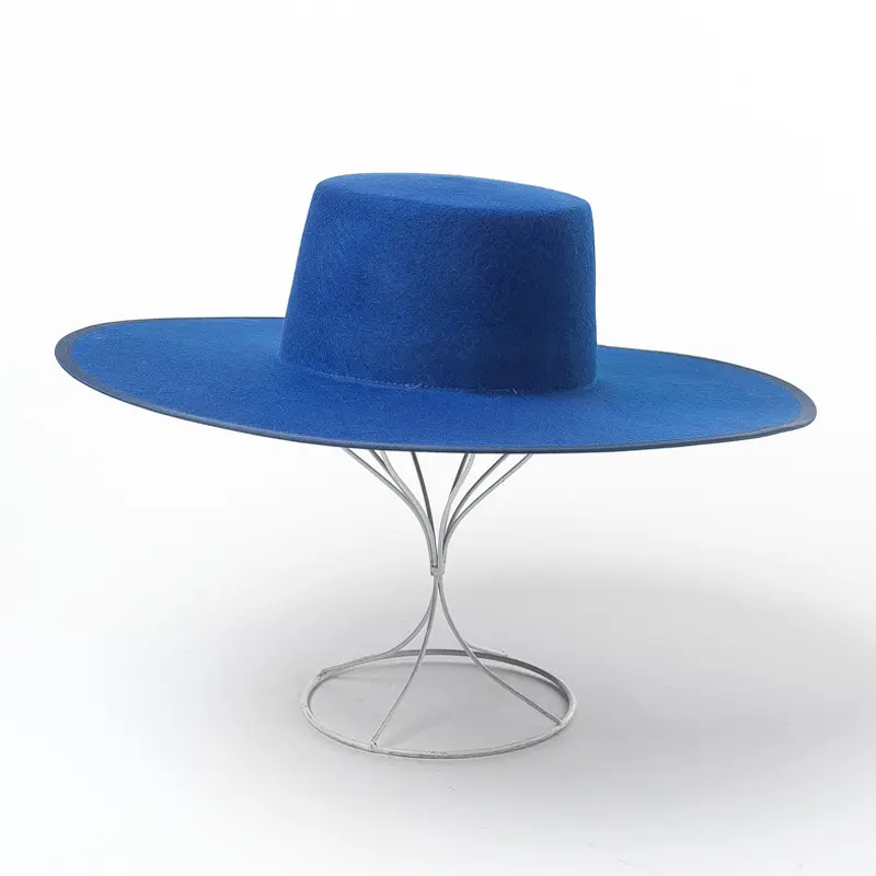 Topi Wol Beludru Tepi Besar Dipotong Lebar Topi Mode Fedora Biru untuk Pria dan Wanita