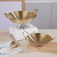 Wok coréen en acier inoxydable doré mat, mini-wok portable pour cuisinière, petite poêle profonde avec poignées dorées, vente en gros