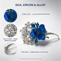 Bros Bunga Biru Sutra Buatan Tangan dengan Rumbai Zirkon dan Batang Logam, Pin Bunga untuk Wanita, Dekorasi Gaun Pesta Pernikahan