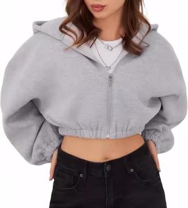 Última Colección Primavera 2025, Sudadera con Capucha para Mujer, Anti-Pilling, Forrada, Hombros Caídos, Cierre de Cremallera, Corta, Color Sólido, Manga Larga, Holgada - Product Image 1