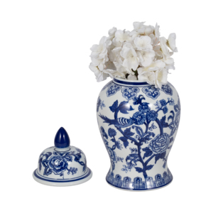 Vaso in ceramica con coperchio, design floreale blu e bianco per decorazioni per la casa - Product Image 2