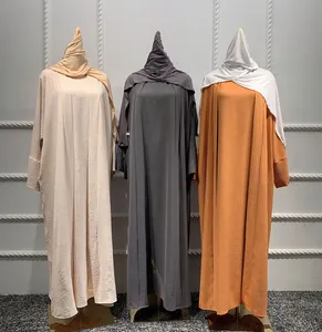 2024 mode turquie dubaï deux pièces ensemble froissé Abaya turquie caftan Robe décontractée islamique vêtements femmes musulmans robe ouverte Abaya