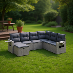 Ensemble de canapés de jardin en polyrotin gris, structure en acier, housses amovibles, mobilier d'extérieur, 6 places, design contemporain - Product Image 2