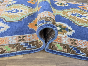 Tapis de salon bleu tribal noué à la main 8x10 • Tapis oriental en laine 9x12 • Tapis géométrique - Product Image 6