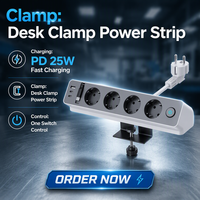 Bloc multiprise de bureau EU PD25W à fixation par pince, station de charge rapide 4 prises, 2 ports USB-C et USB-A avec câble d'extension pour usage au bureau