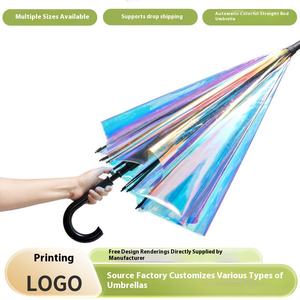 Ombrello automatico a manico lungo colorato trasparente con Laser ispessito nuovo ombrello pubblicitario con pellicola arcobaleno dritto - Product Image 6