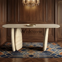 Table console en marbre naturel beige sable blanc, surface texturée rainurée polie, finition mate, pour entrée ou hall