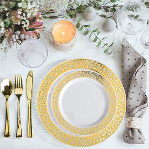 Ensemble de vaisselle en plastique jetable design dentelle or blanc 25 invités 9oz tasse Dessert assiette à gâteau fourchette couteau cuillère pour les fêtes - Product Image 4
