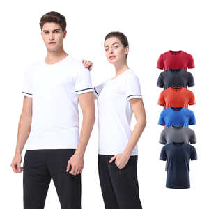 T-shirt estiva a <span class=keywords><strong>maniche</strong></span> <span class=keywords><strong>corte</strong></span> ad asciugatura rapida per uomo e donna, girocollo, abbigliamento sportivo da corsa con stampa logo, tessuto a maglia - Product Image 1