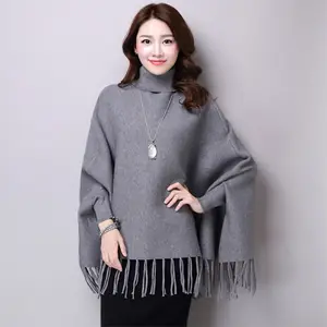 Fashion Winter Women Knitted Plain Shawl Tassels Poncho Cape Shawls Thick Warm Stoles Shawl with Sleeves