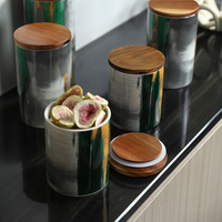Ensemble de pots en céramique abstraits pour la décoration de la maison, avec couvercle en bois hermétique, pot en céramique pour le café, le sucre, le thé et ornement de table