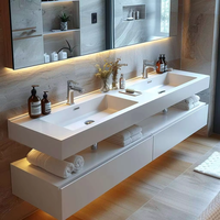 Lavabo mural double vasque moderne OEM personnalisé pour hôtel et hôpital, en dalle de roche thermoformée sans joint, surface solide intégrée